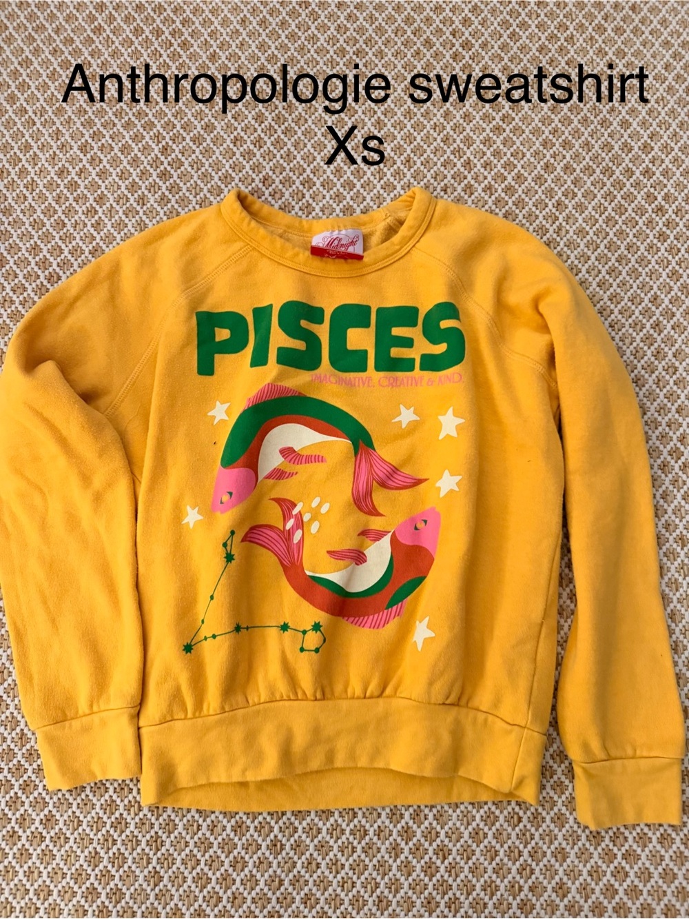 Anthropologie Yellow Pisces Graphic Sweatshirt with Pink & Green Motif